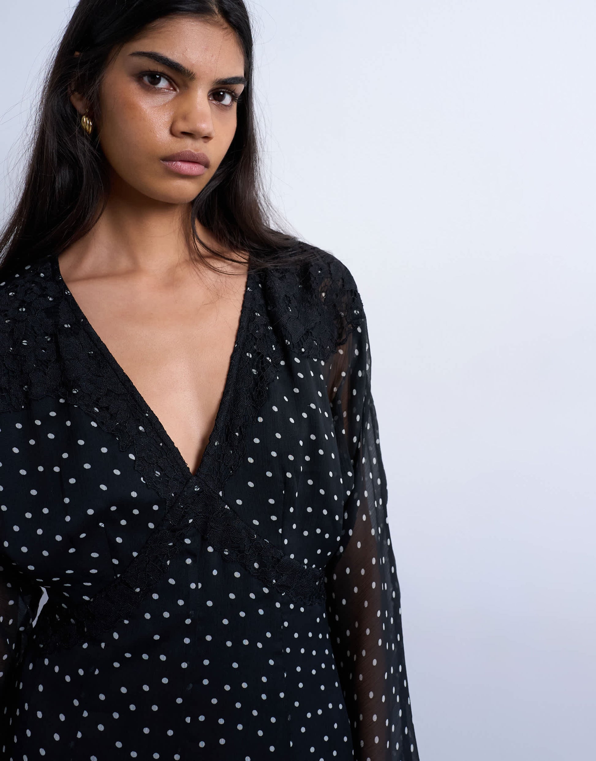 Topshop longsleeve lace trim mini tea dress in mono spot
