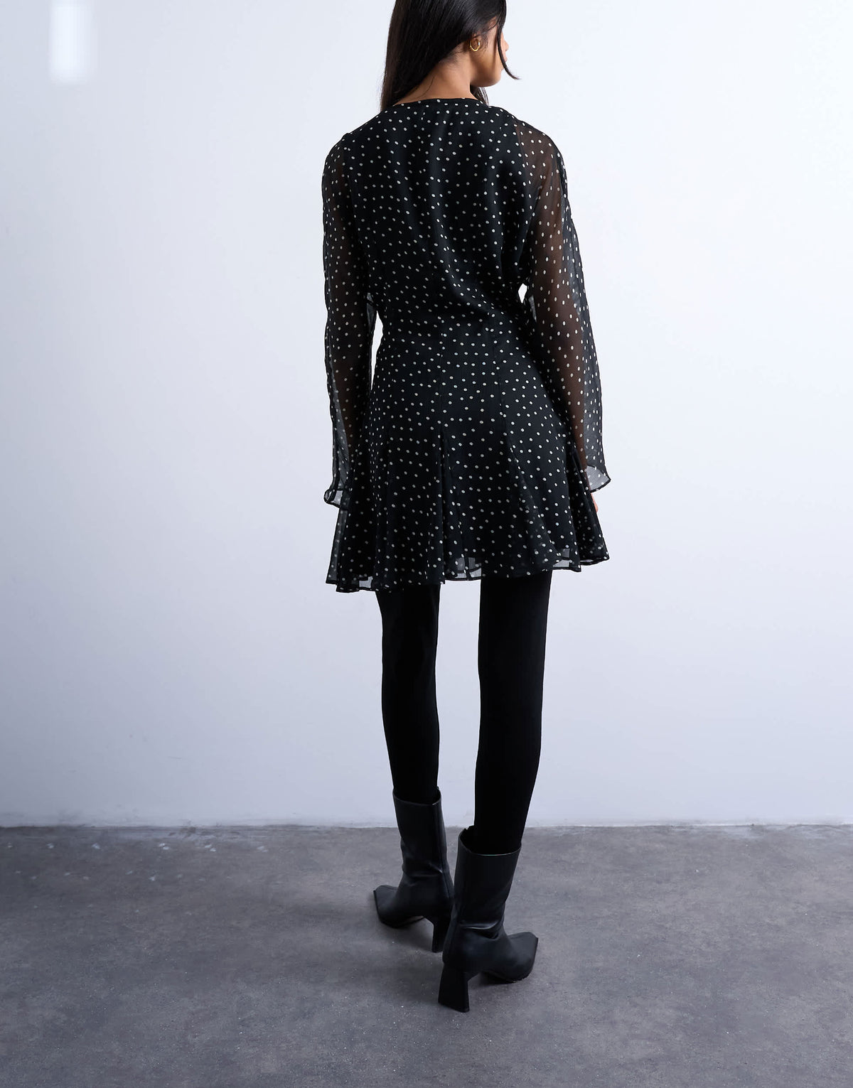 Topshop longsleeve lace trim mini tea dress in mono spot