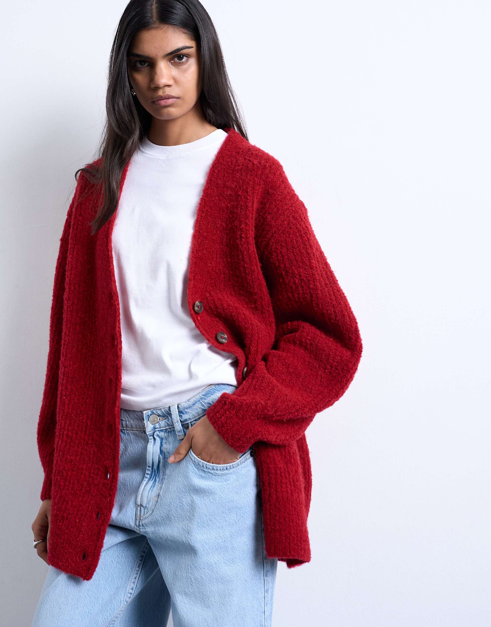Topshop Oversize-Strickjacke im Boyfriend-Stil in Rot