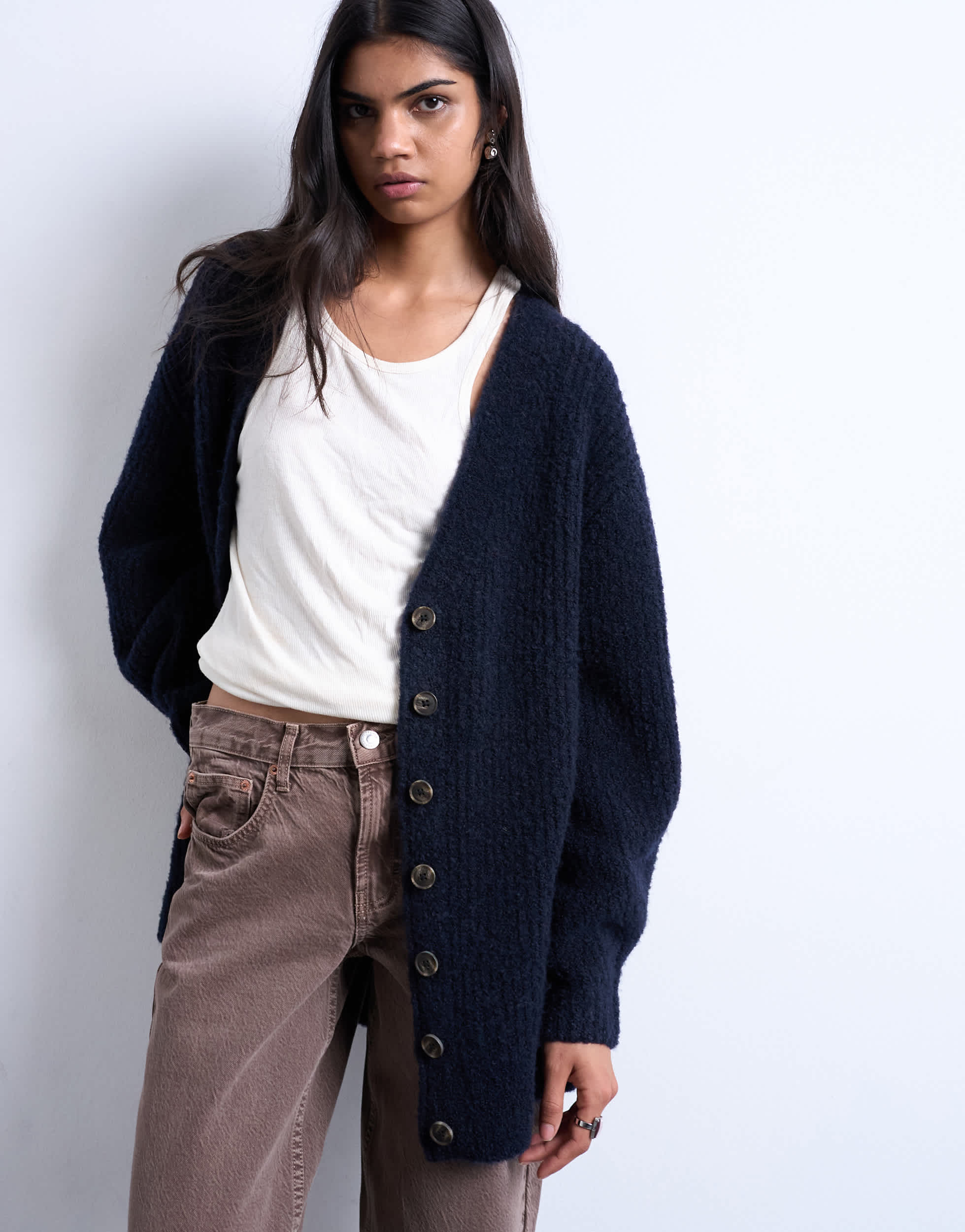 Topshop Strickcardigan im Boyfriend-Stil in Marineblau