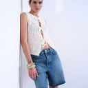 Topshop knitted textured tie front waistcoat in ivory