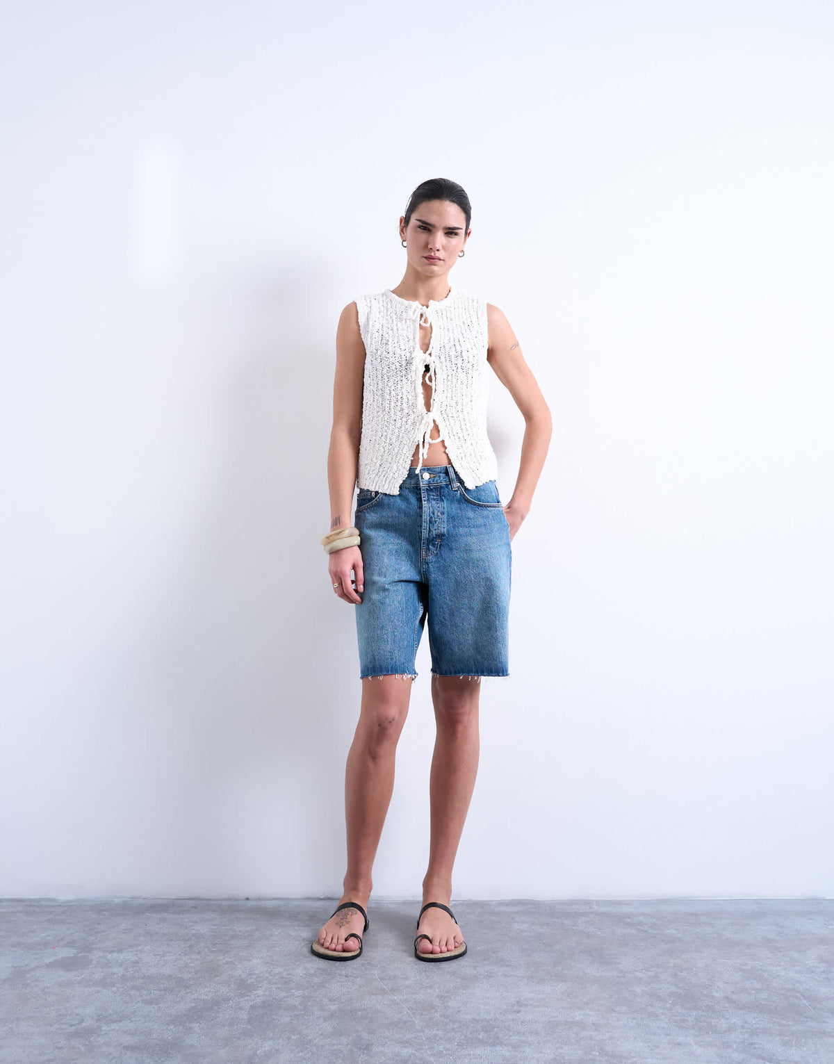 Topshop knitted textured tie front waistcoat in ivory