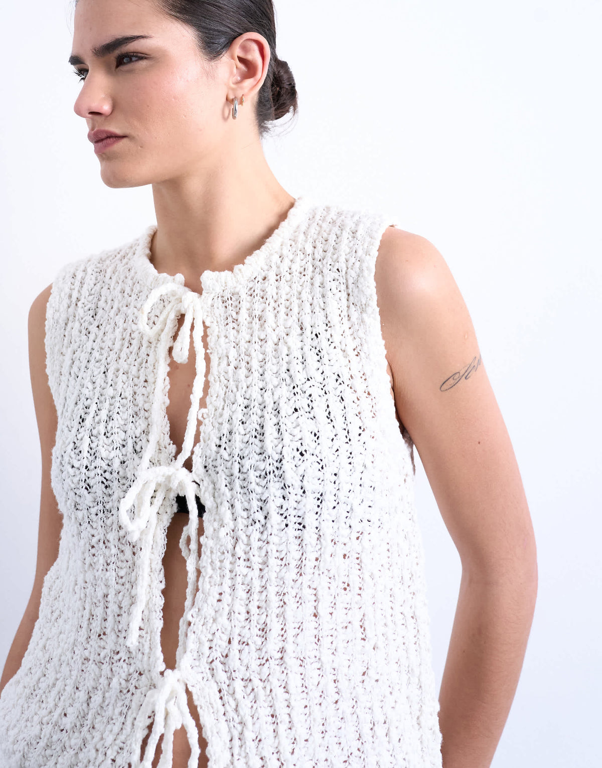 Topshop knitted textured tie front waistcoat in ivory