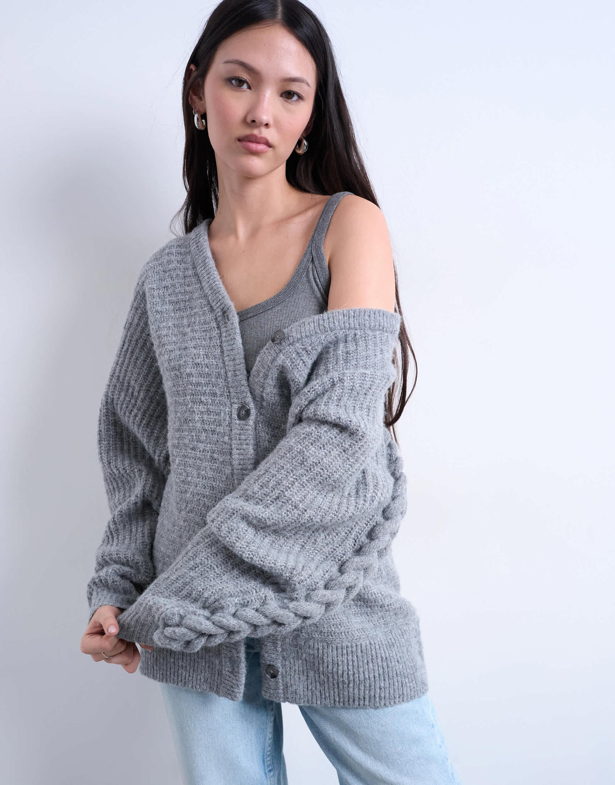 Topshop knitted oversized cable sleeve slouchy cardigan in grey