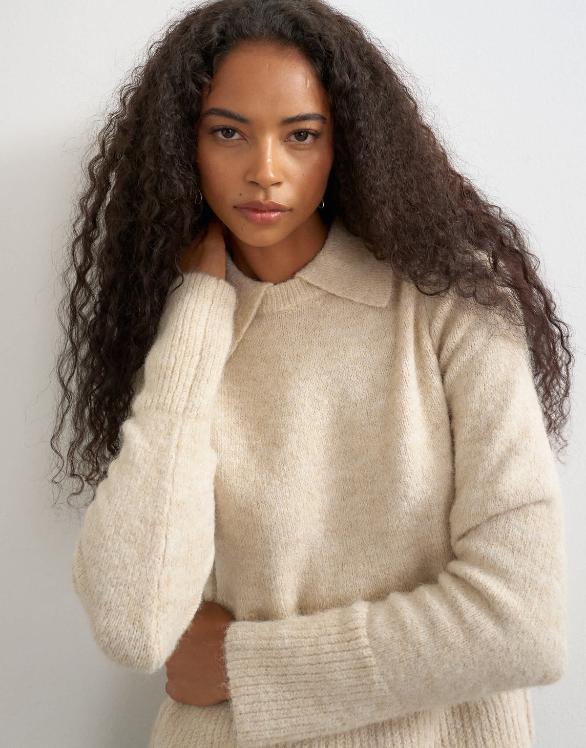 Topshop knitted peplum polo jumper in oat