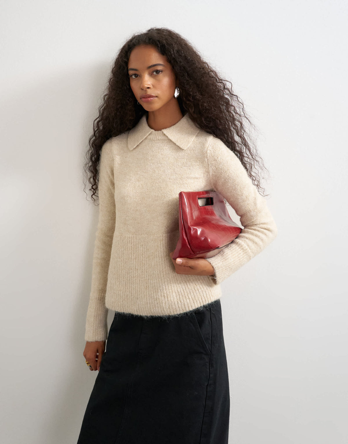 Topshop knitted peplum polo jumper in oat