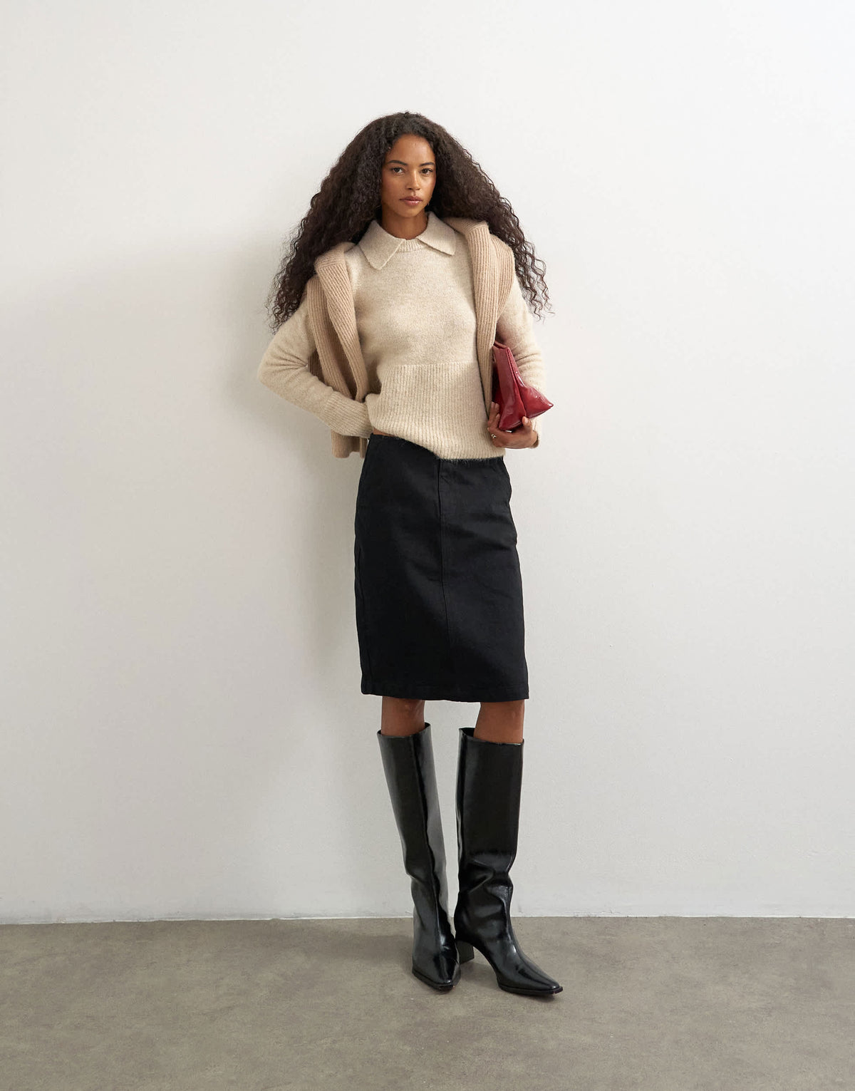 Topshop knitted peplum polo jumper in oat