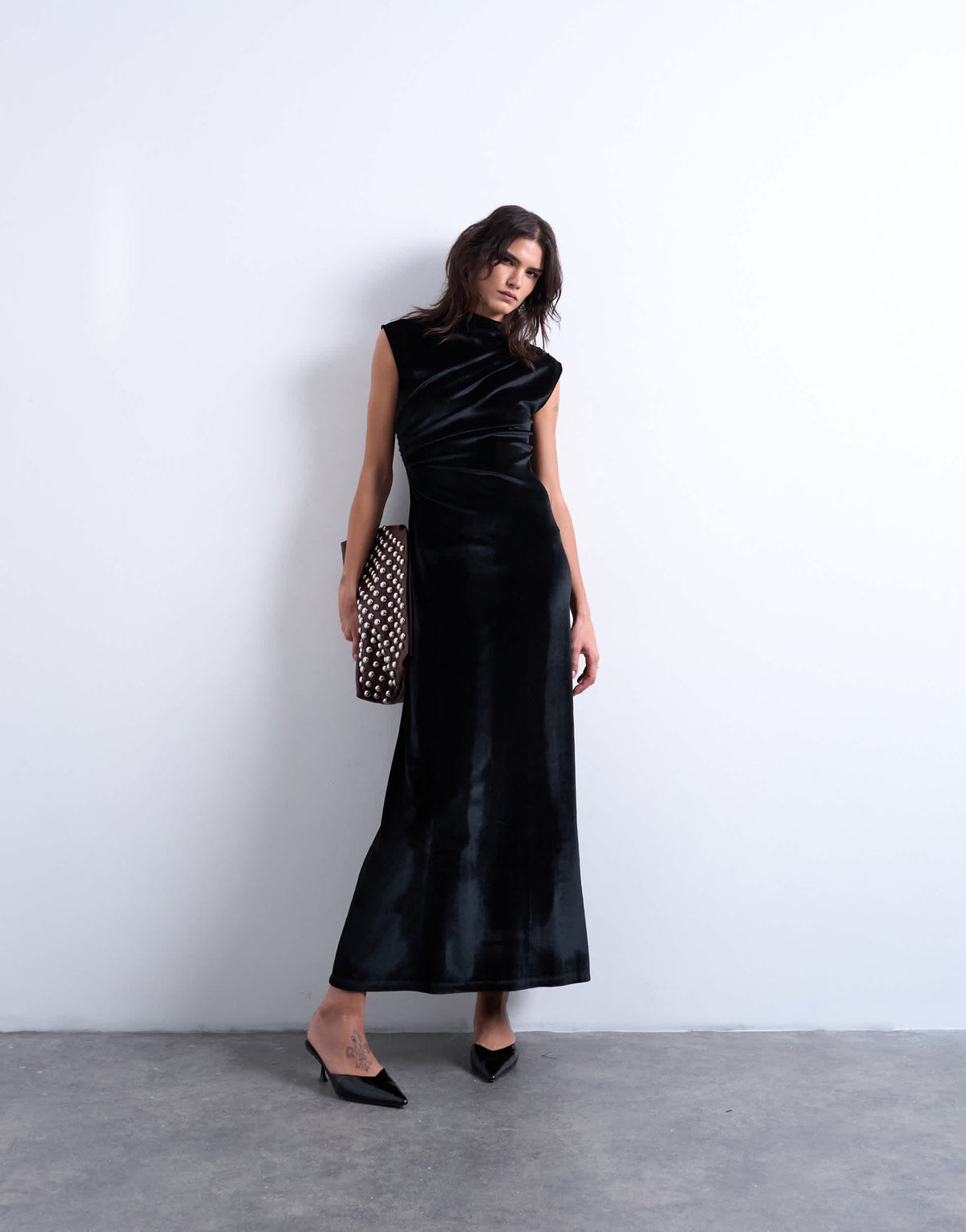 Topshop velvet high neck maxi dress in black