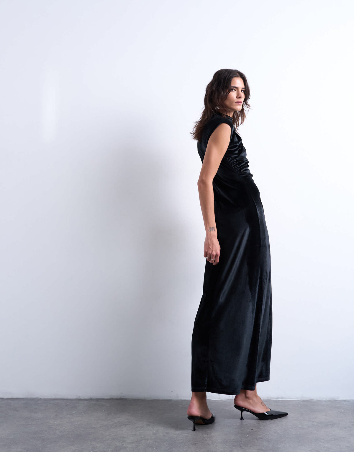 Topshop velvet high neck maxi dress in black