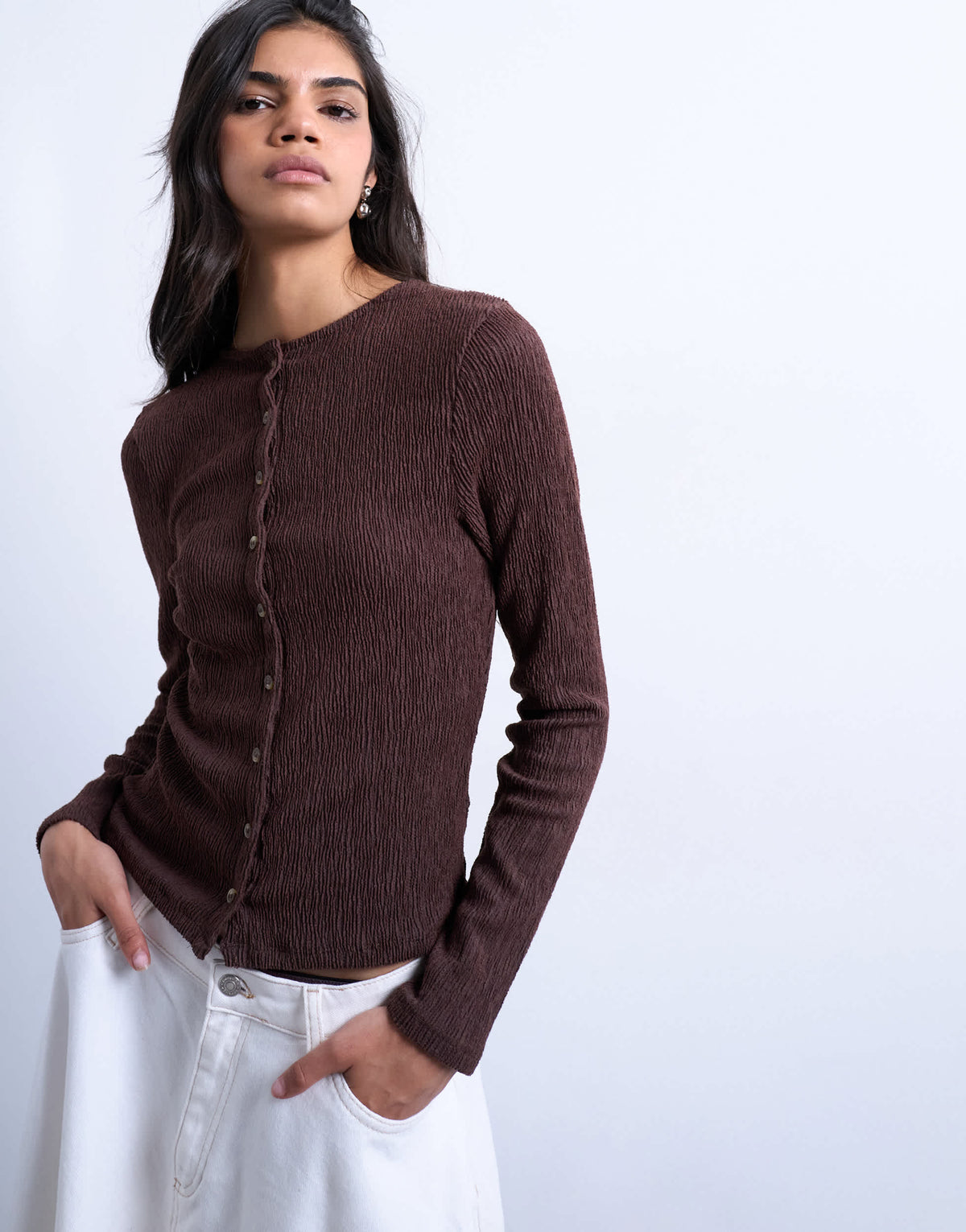 Topshop crinkle button down long sleeve top in chocolate brown