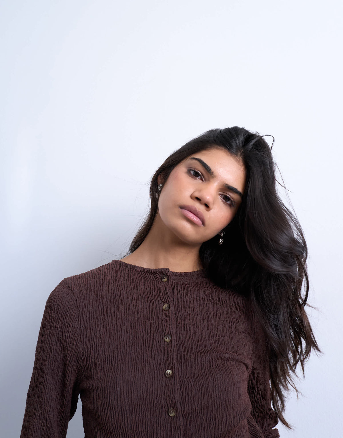 Topshop crinkle button down long sleeve top in chocolate brown