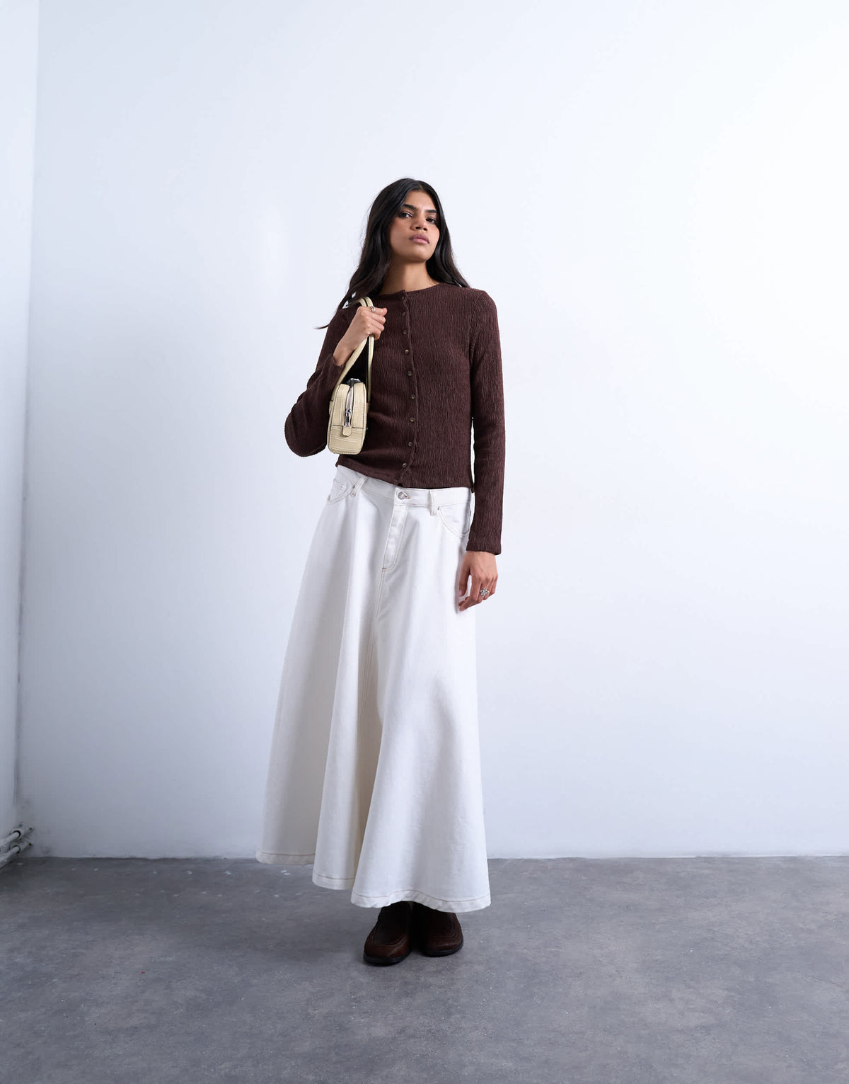 Topshop crinkle button down long sleeve top in chocolate brown