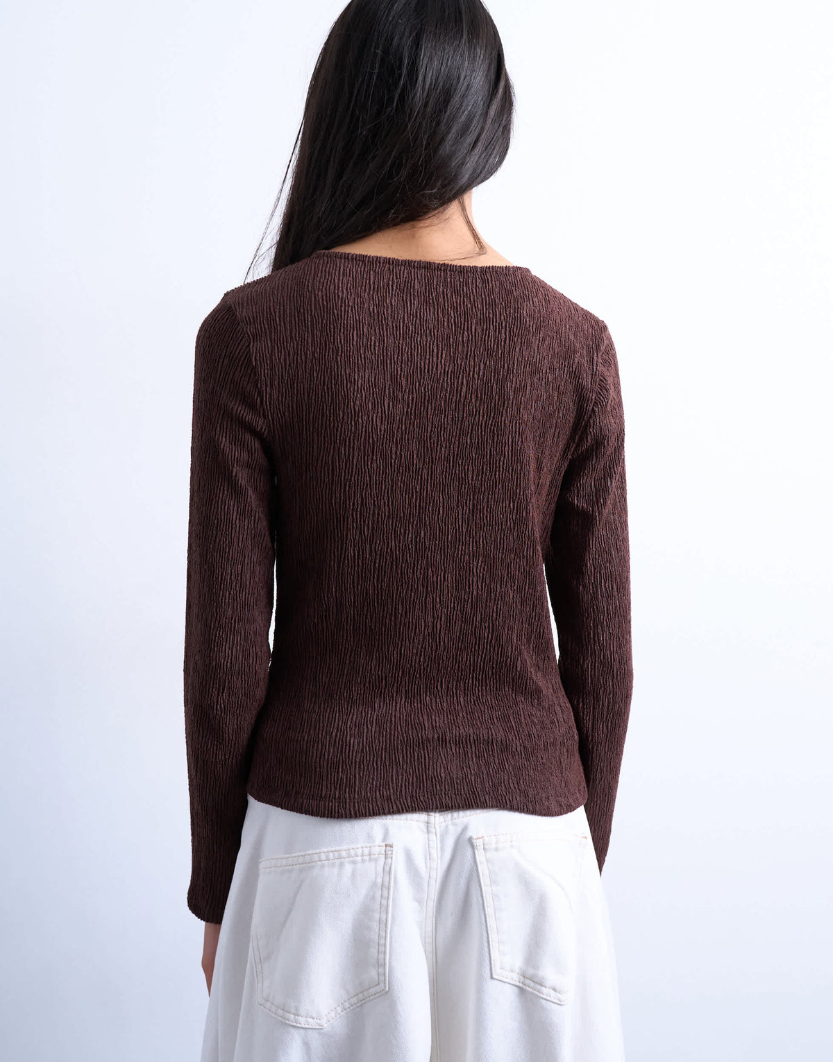 Topshop crinkle button down long sleeve top in chocolate brown
