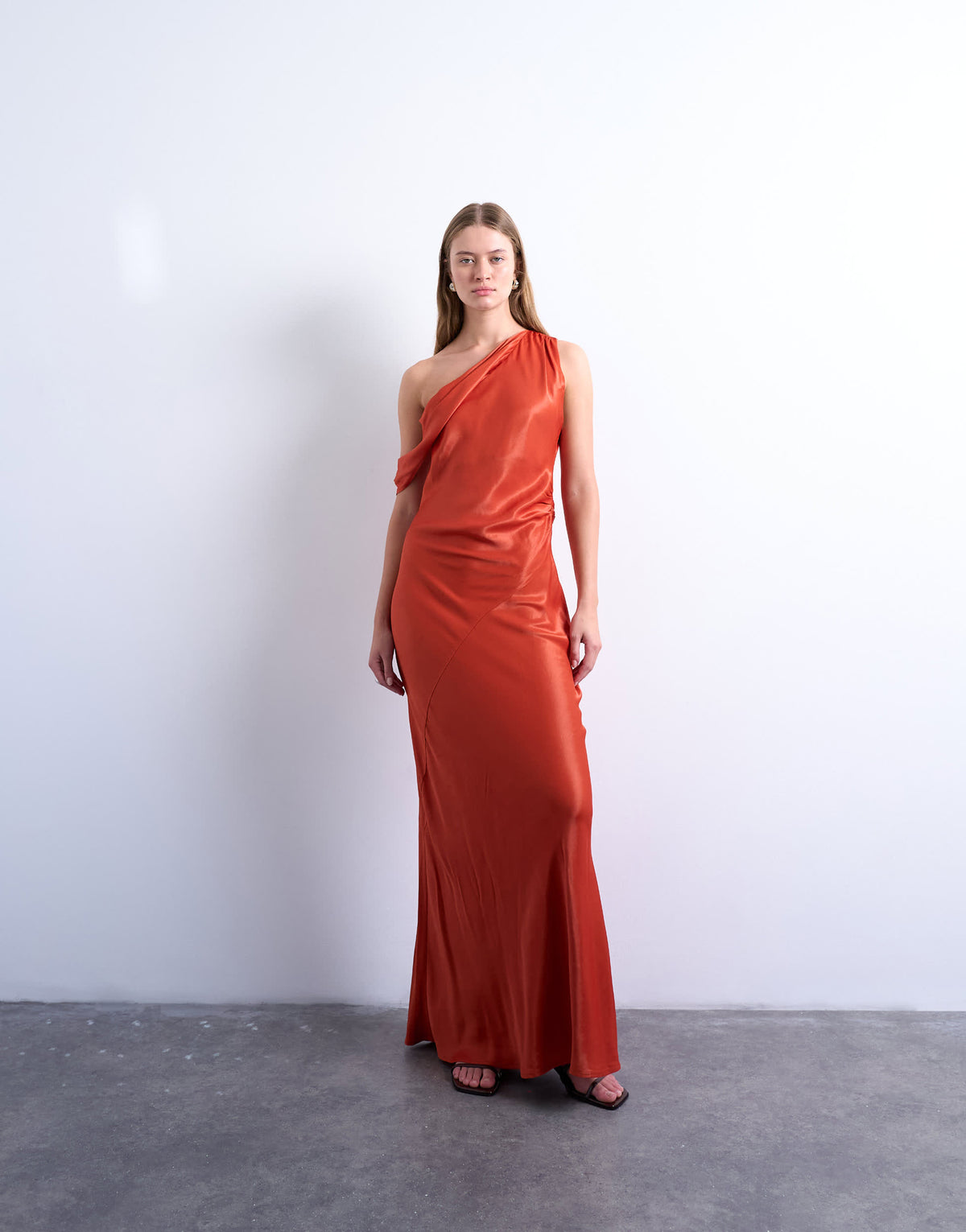 Topshop drape neck off shoulder maxi occasion dress in rust