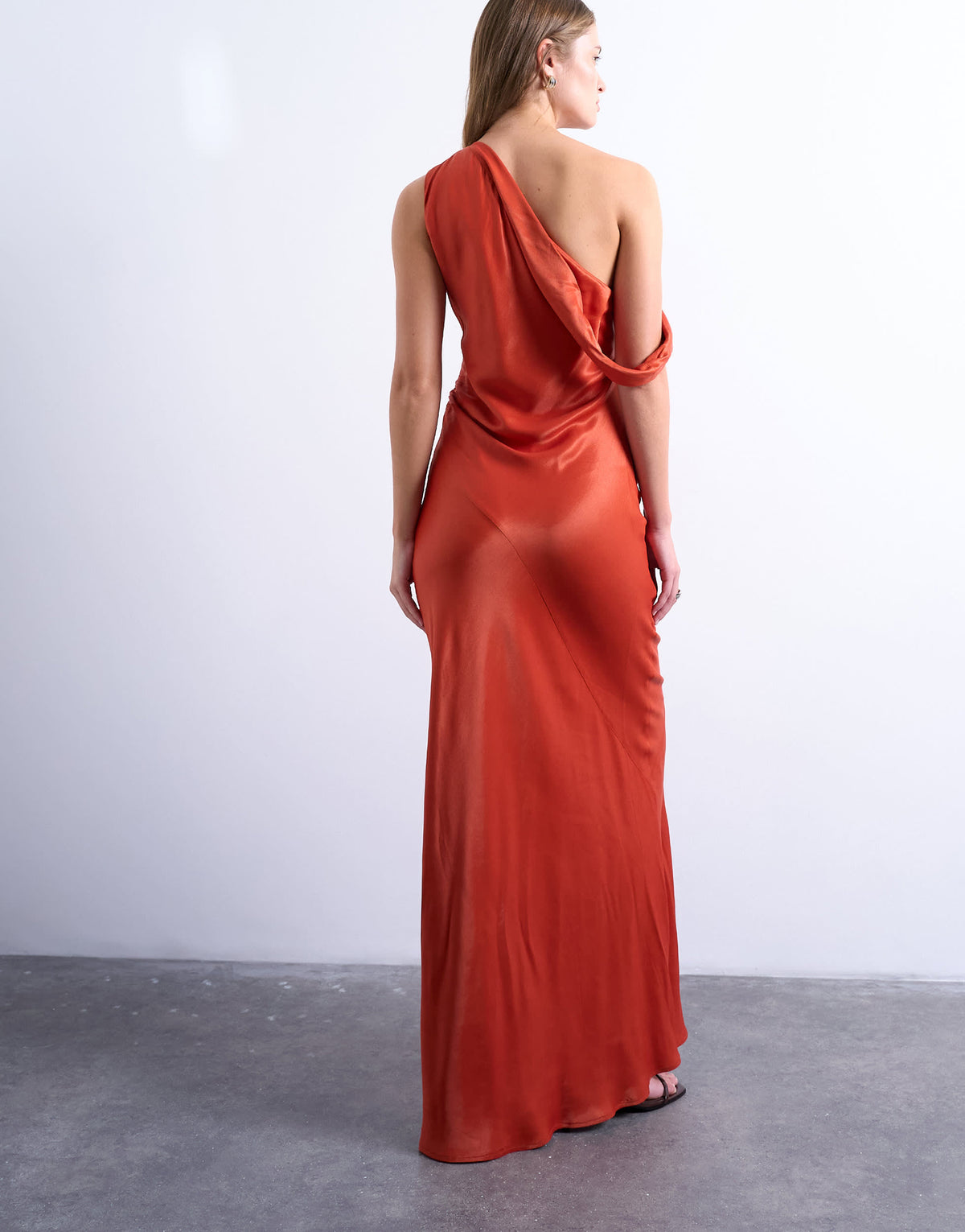 Topshop drape neck off shoulder maxi occasion dress in rust