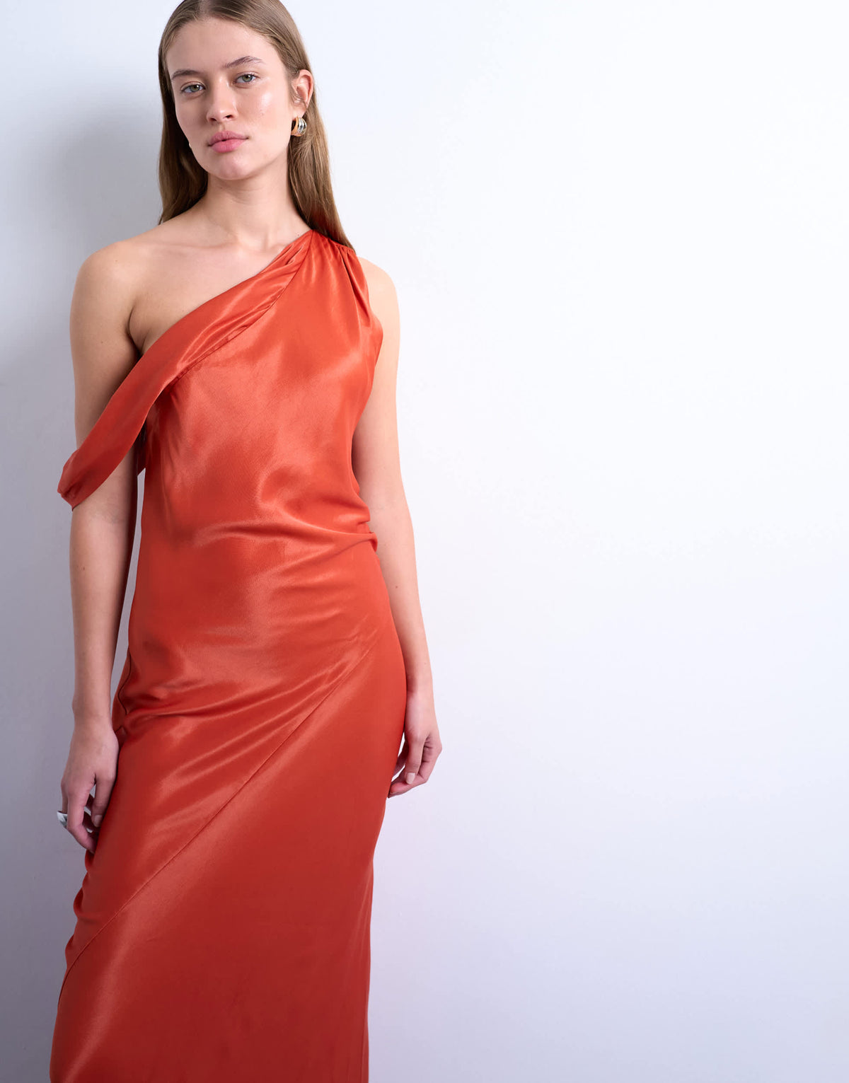 Topshop drape neck off shoulder maxi occasion dress in rust