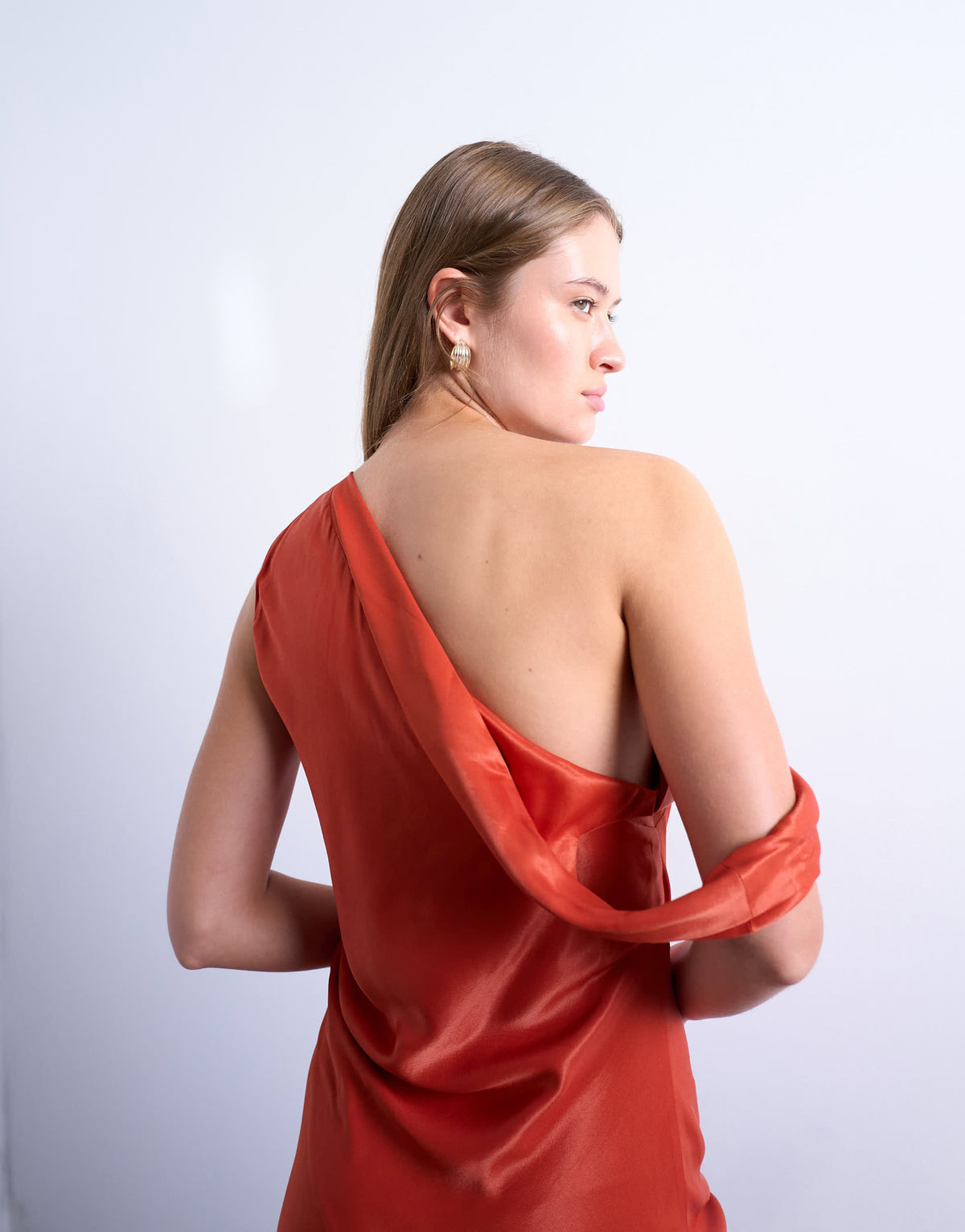 Topshop drape neck off shoulder maxi occasion dress in rust