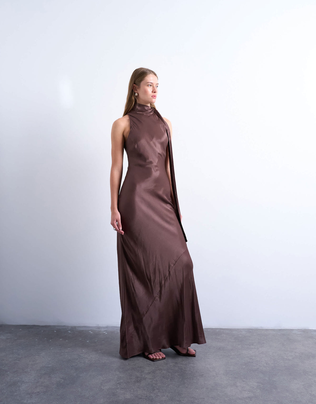 Topshop satin tie neck bias sleeveless dress in brown
