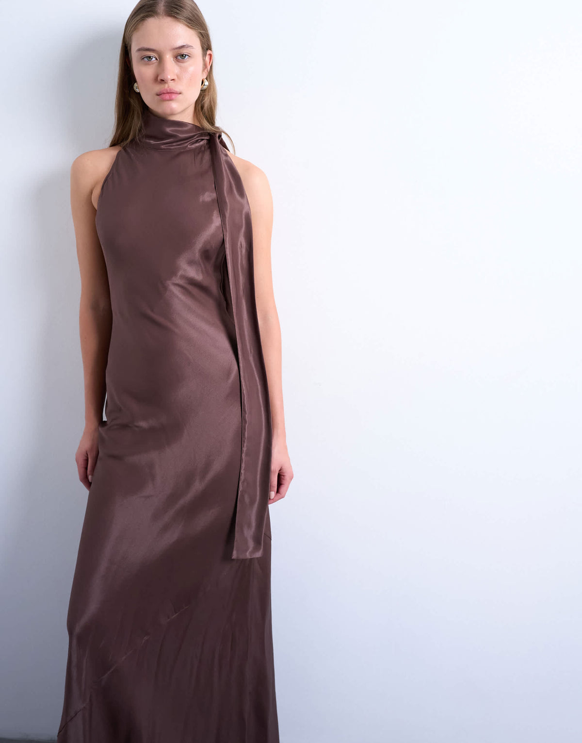 Topshop satin tie neck bias sleeveless dress in brown