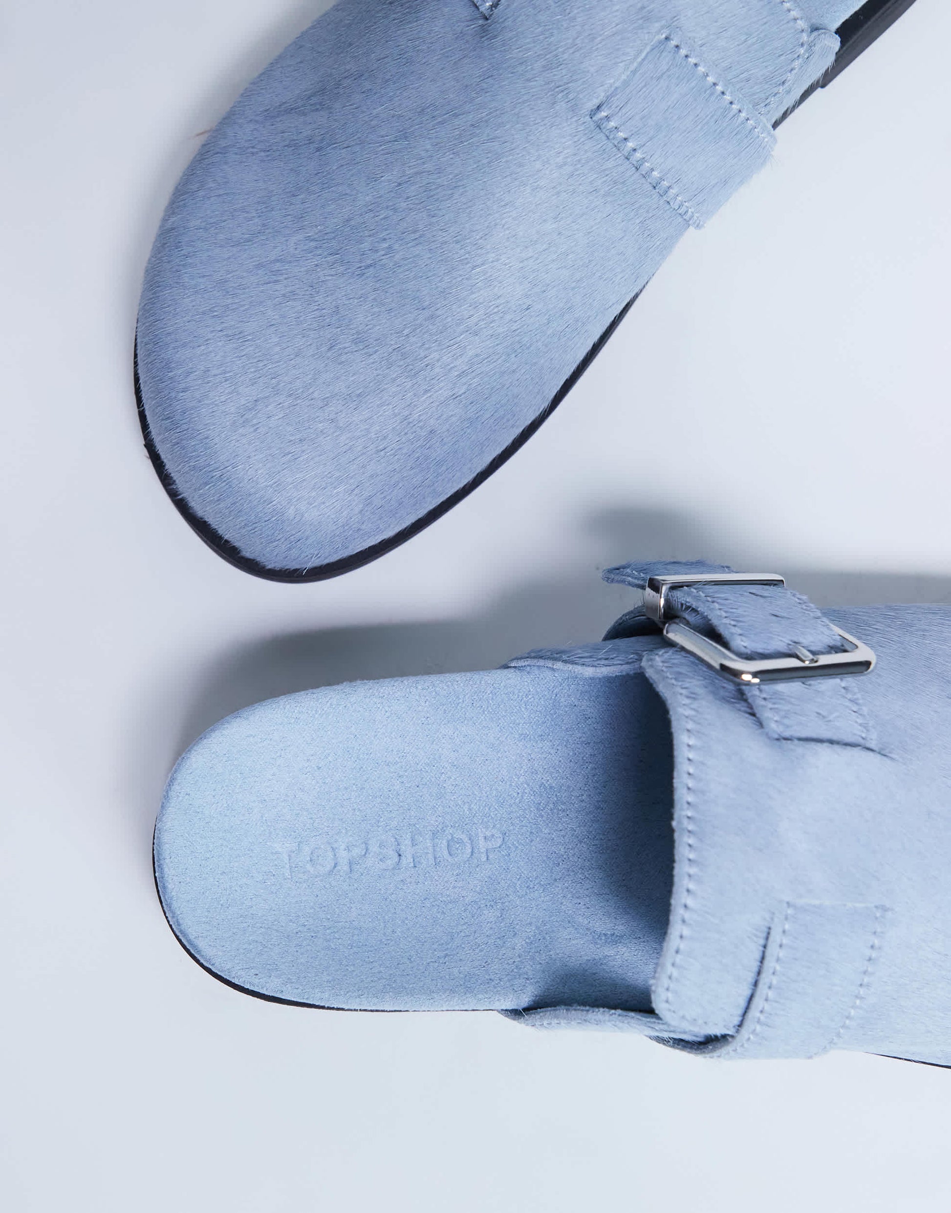 Topshop Amy slip on mule with buckle in light blue hair on real leather 