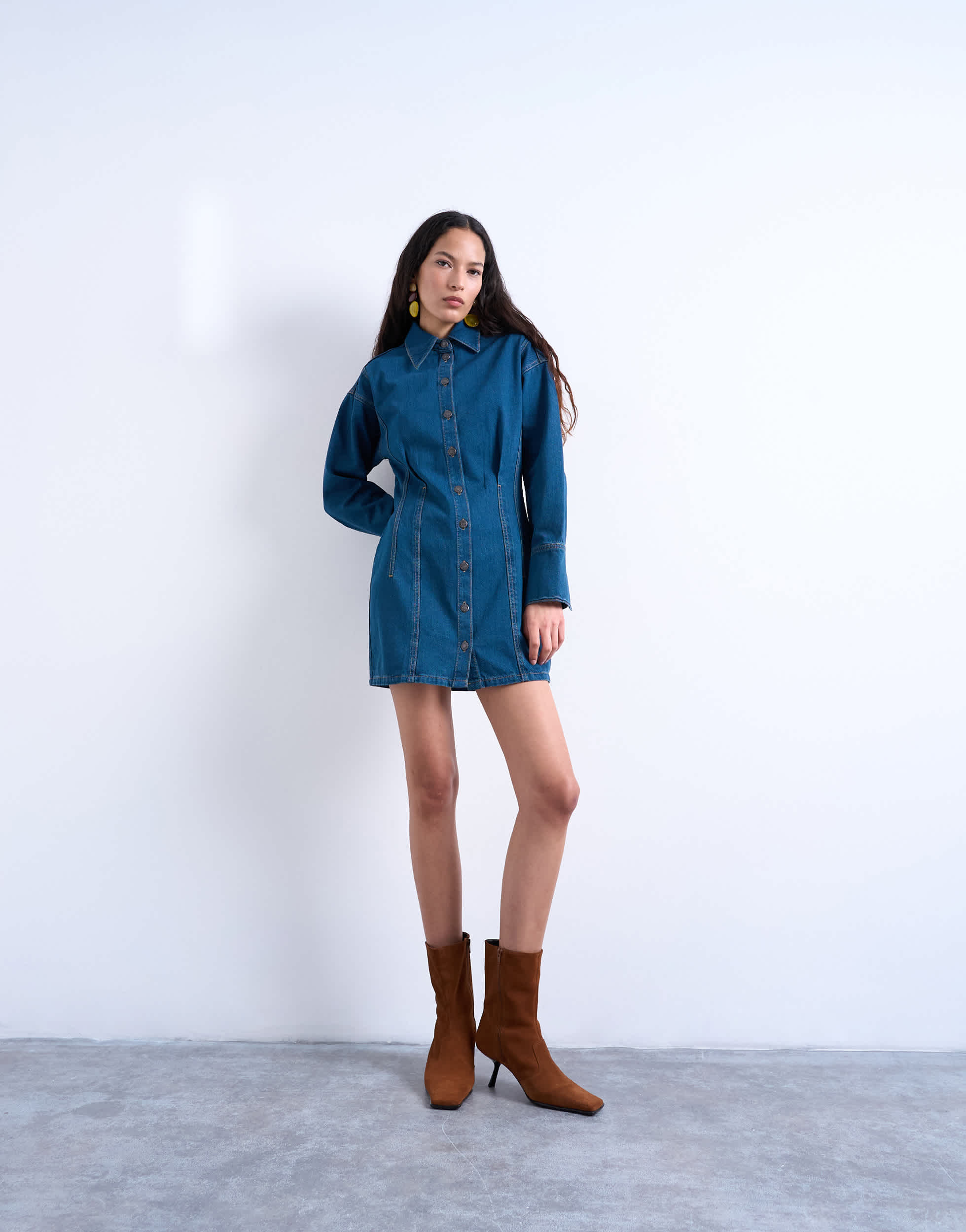 Topshop denim cinch detail mini dress in blue black