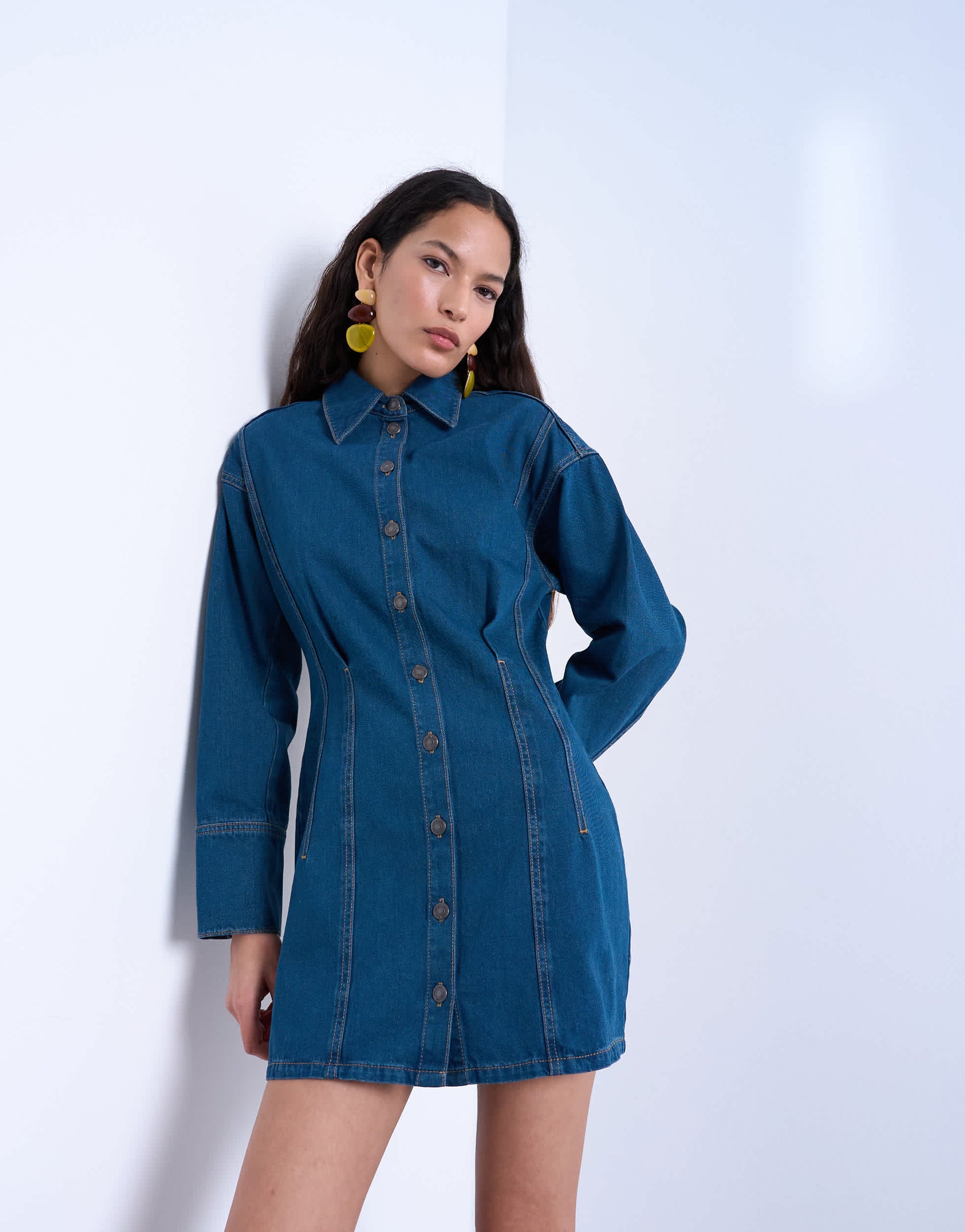 Topshop denim cinch detail mini dress in blue black