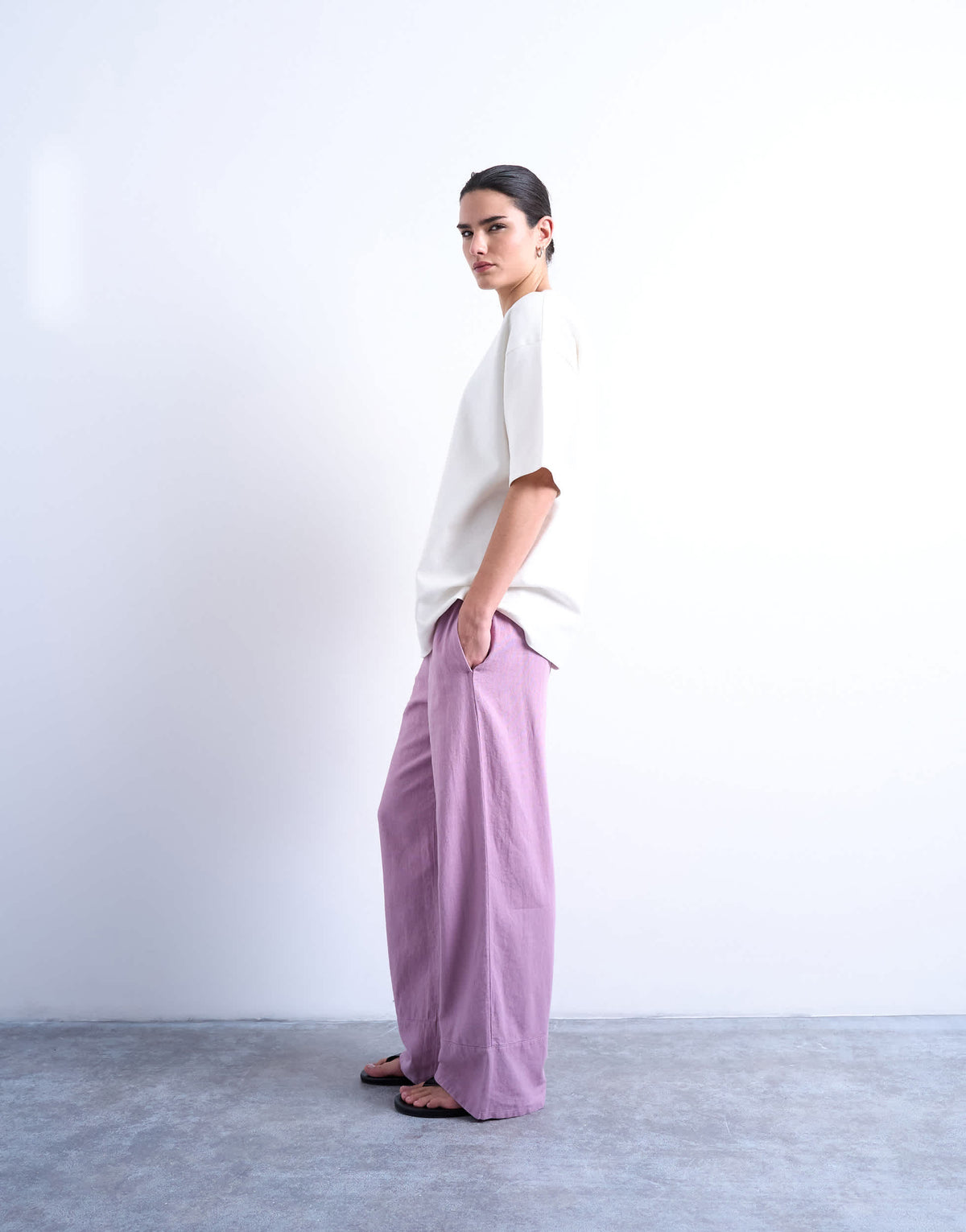 Topshop linen straight leg trouser with deep cuff in purple