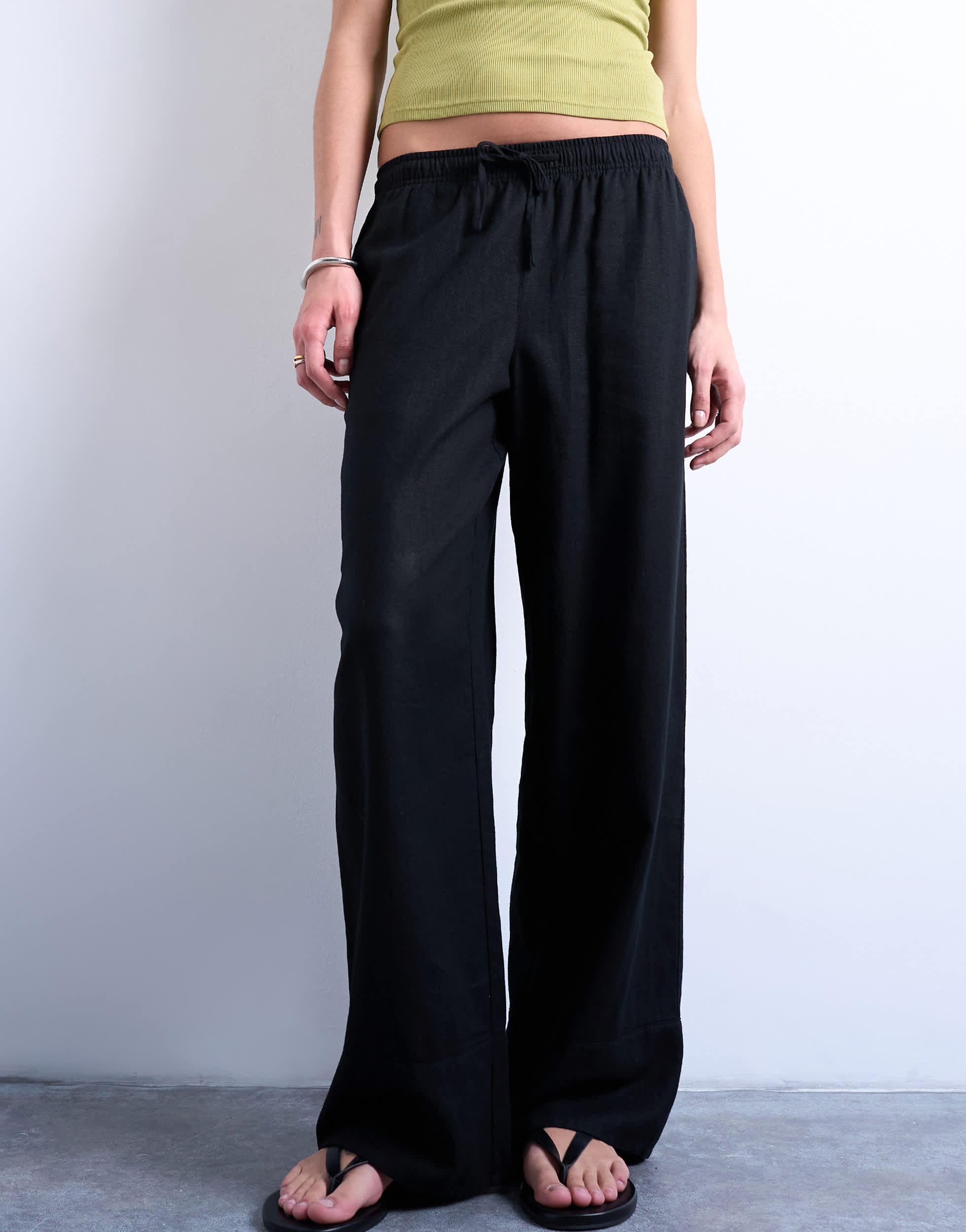 Topshop linen straight leg trouser with deep cuff in black