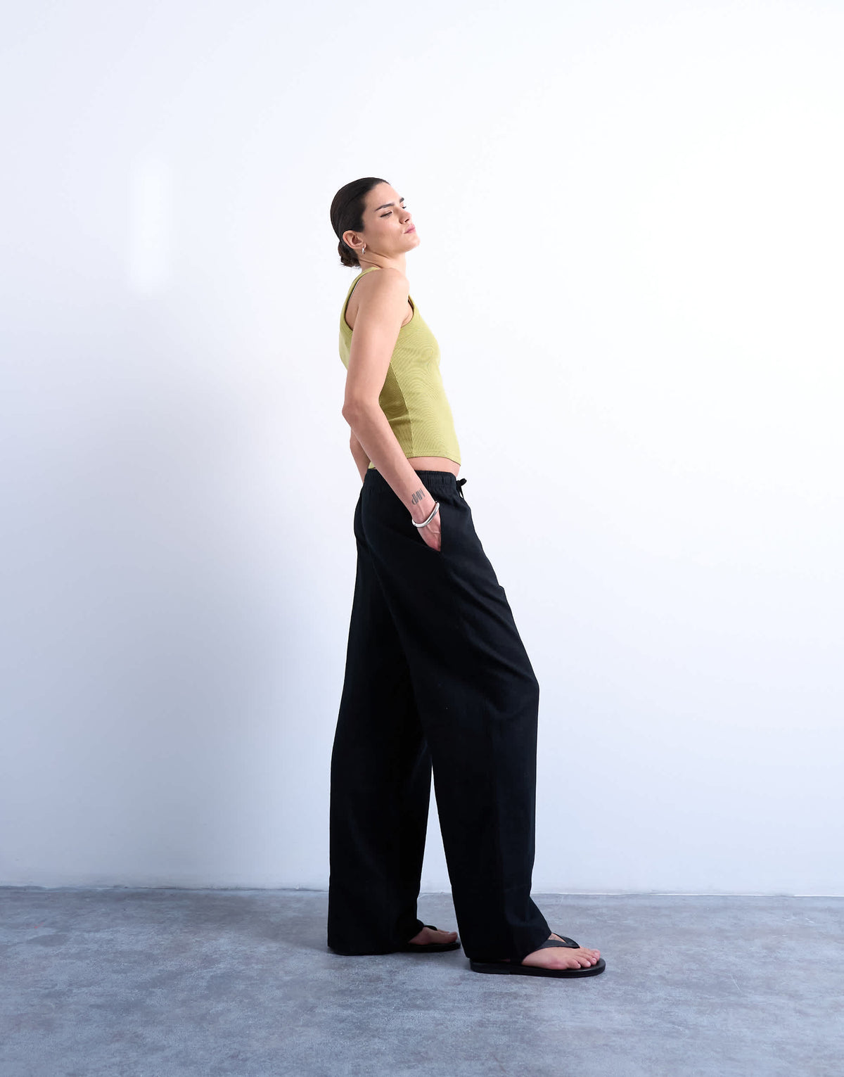 Topshop linen straight leg trouser with deep cuff in black