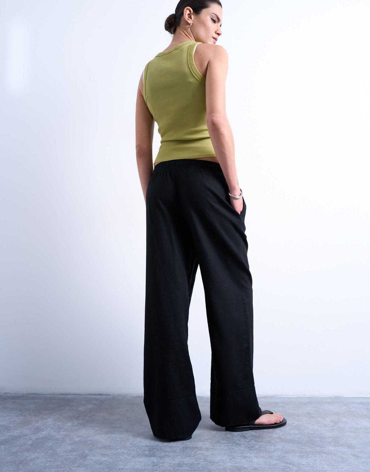 Topshop linen straight leg trouser with deep cuff in black