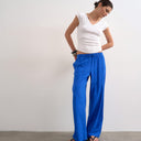 Topshop linen straight leg trouser with deep cuff in cobalt