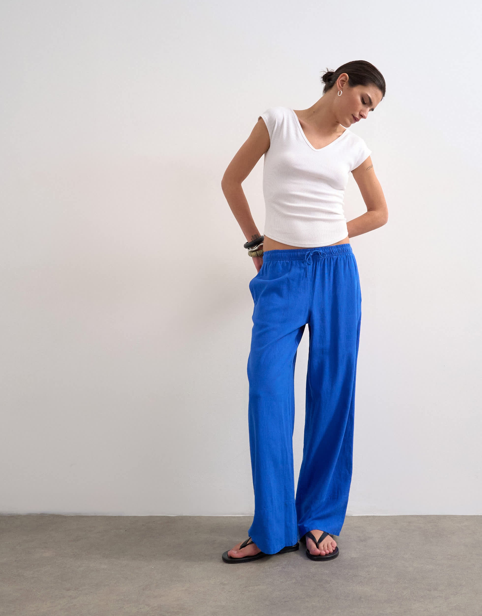 Topshop linen straight leg trouser with deep cuff in cobalt