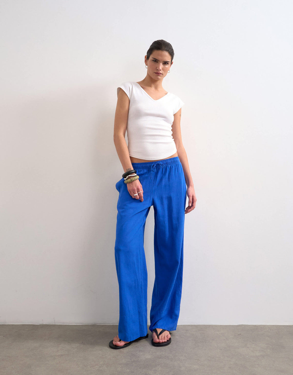 Topshop linen straight leg trouser with deep cuff in cobalt