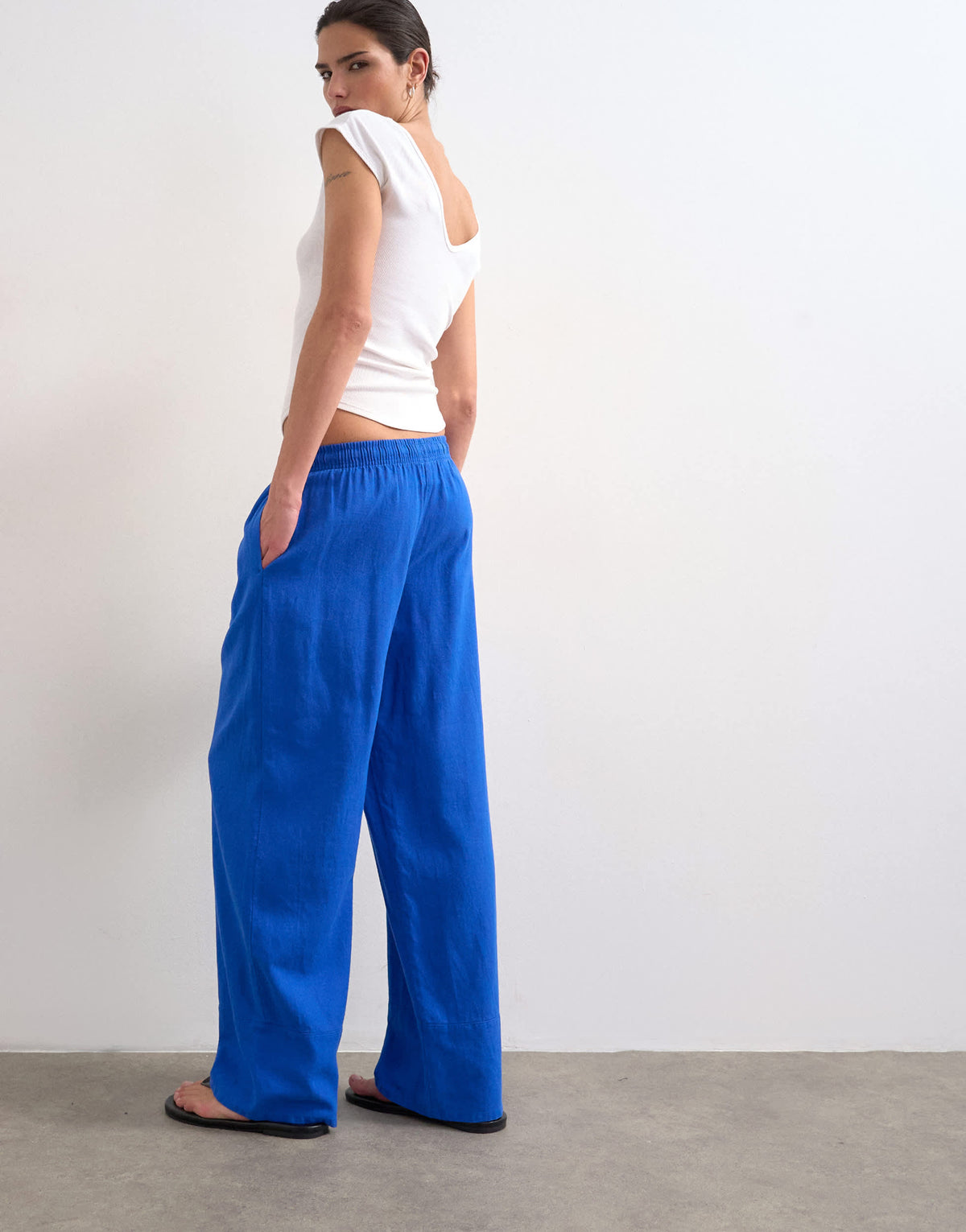 Topshop linen straight leg trouser with deep cuff in cobalt