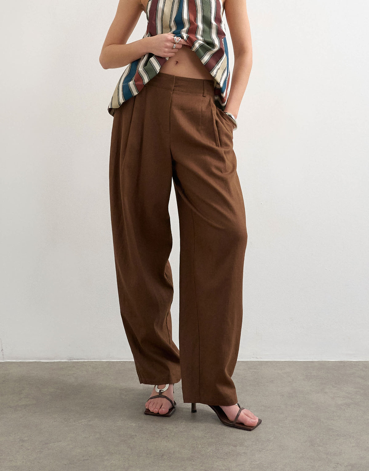 Topshop linen barrel leg trouser in brown