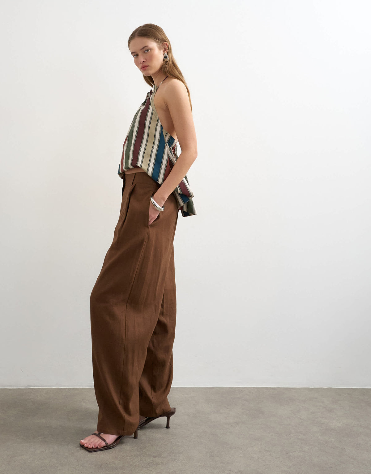 Topshop linen barrel leg trouser in brown