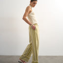 Topshop linen multi stripe straight trouser in green