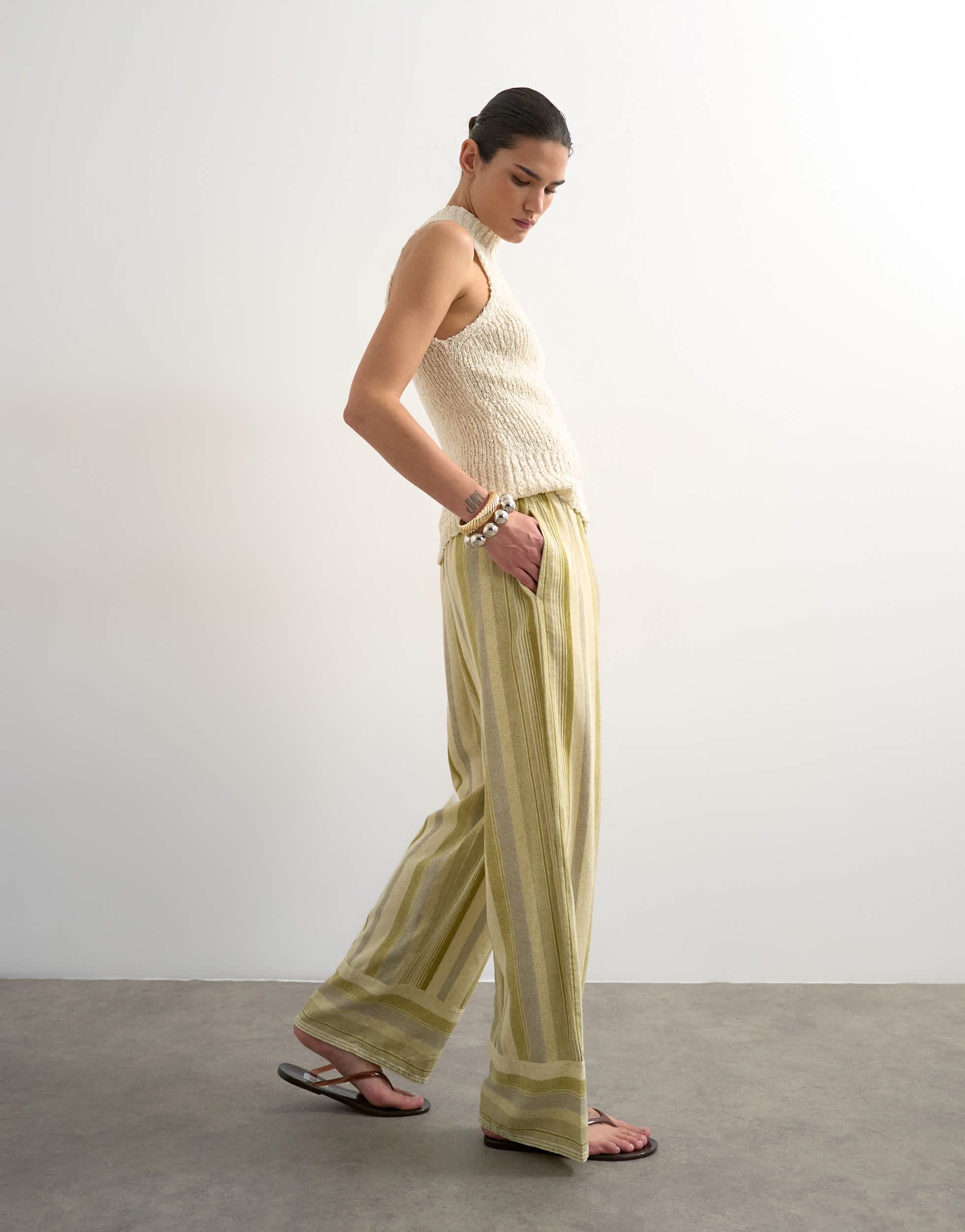 Topshop linen multi stripe straight trouser in green