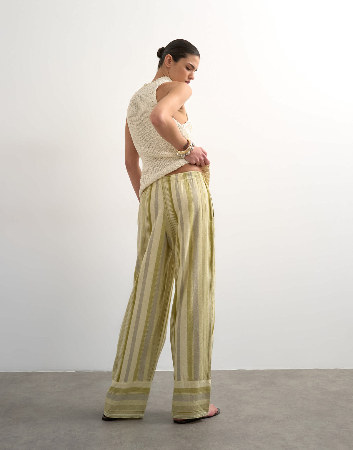 Topshop linen multi stripe straight trouser in green