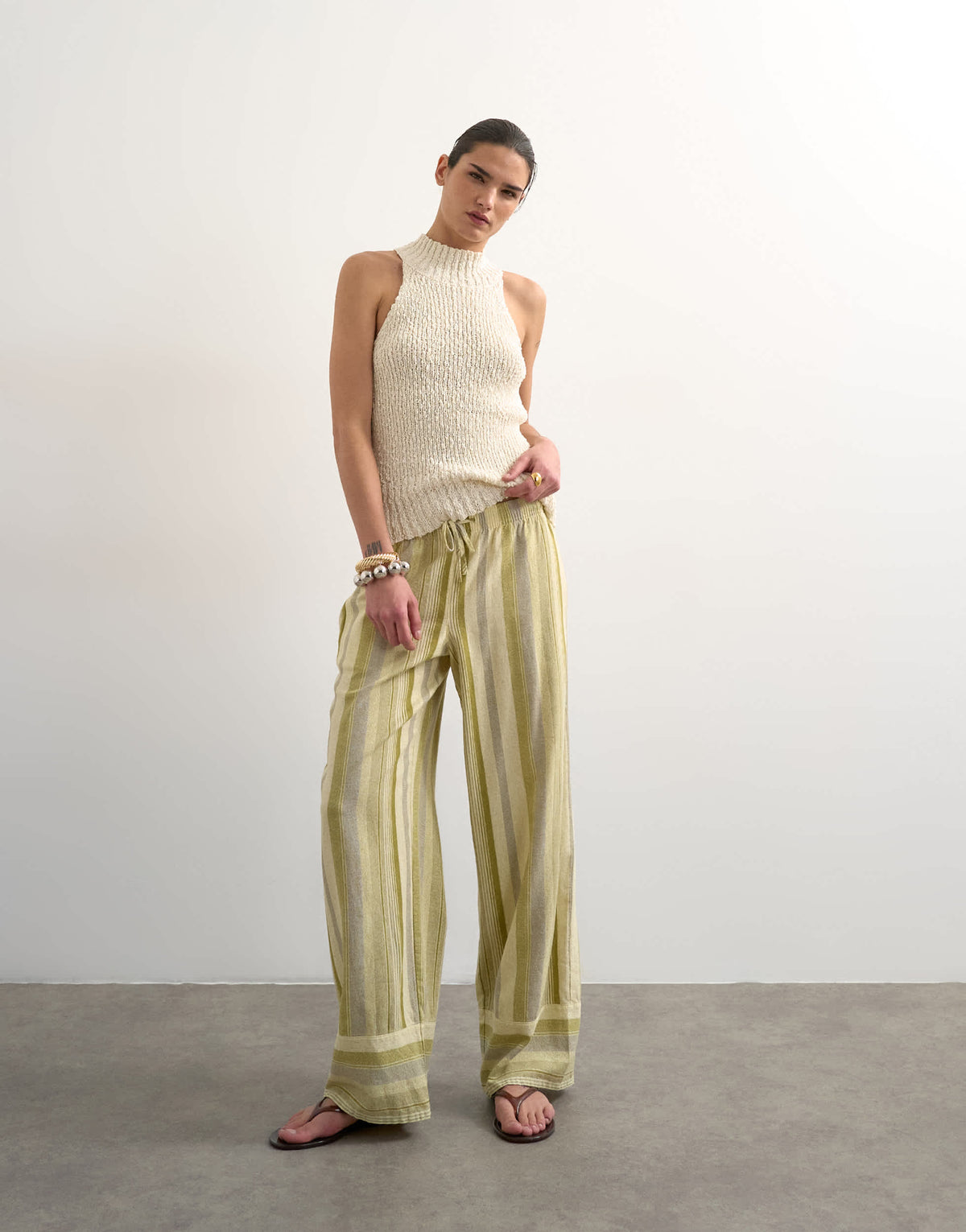 Topshop linen multi stripe straight trouser in green