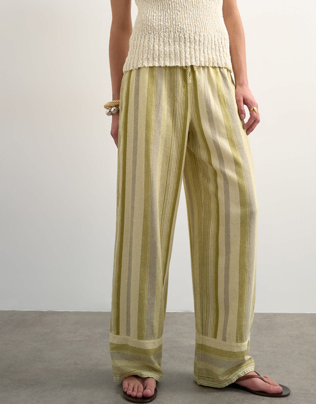 Topshop linen multi stripe straight trouser in green