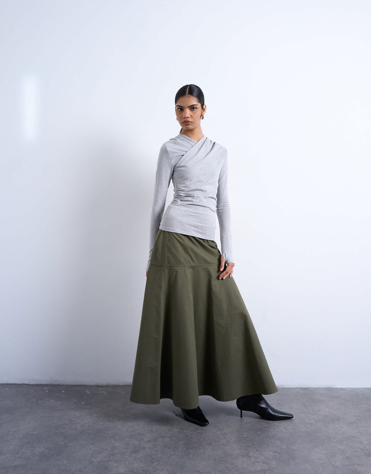 Topshop drop waist full circle maxi skirt in khaki