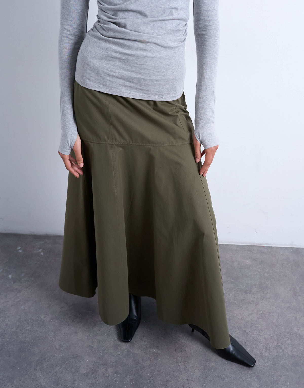 Topshop drop waist full circle maxi skirt in khaki