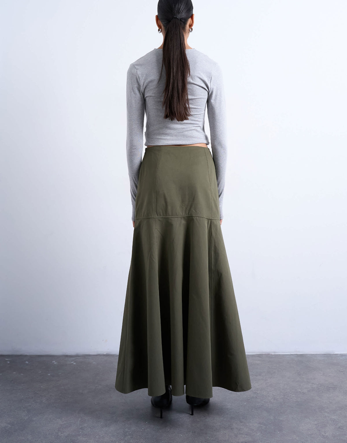 Topshop drop waist full circle maxi skirt in khaki