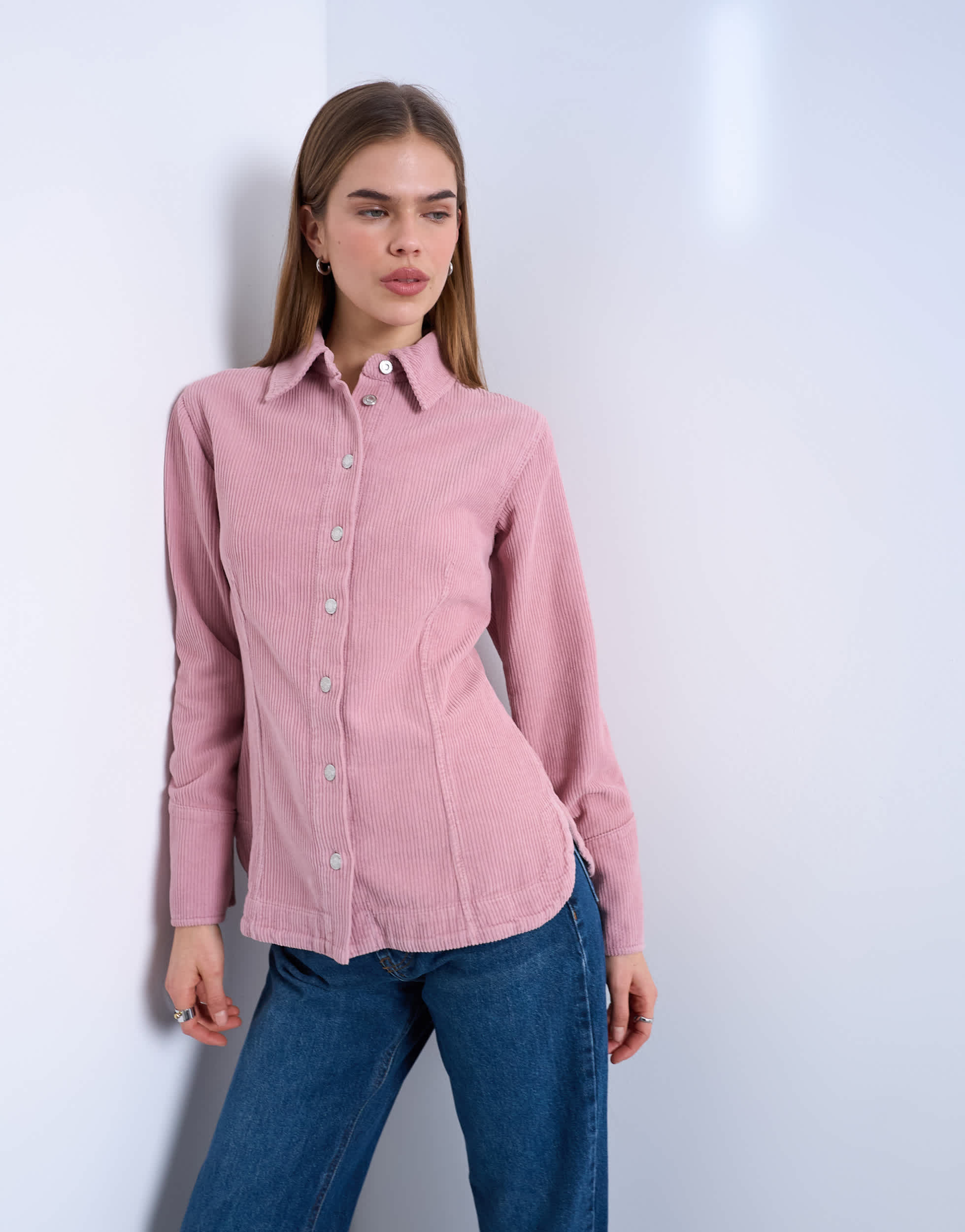 Topshop denim 70s collar shirt in pink cord