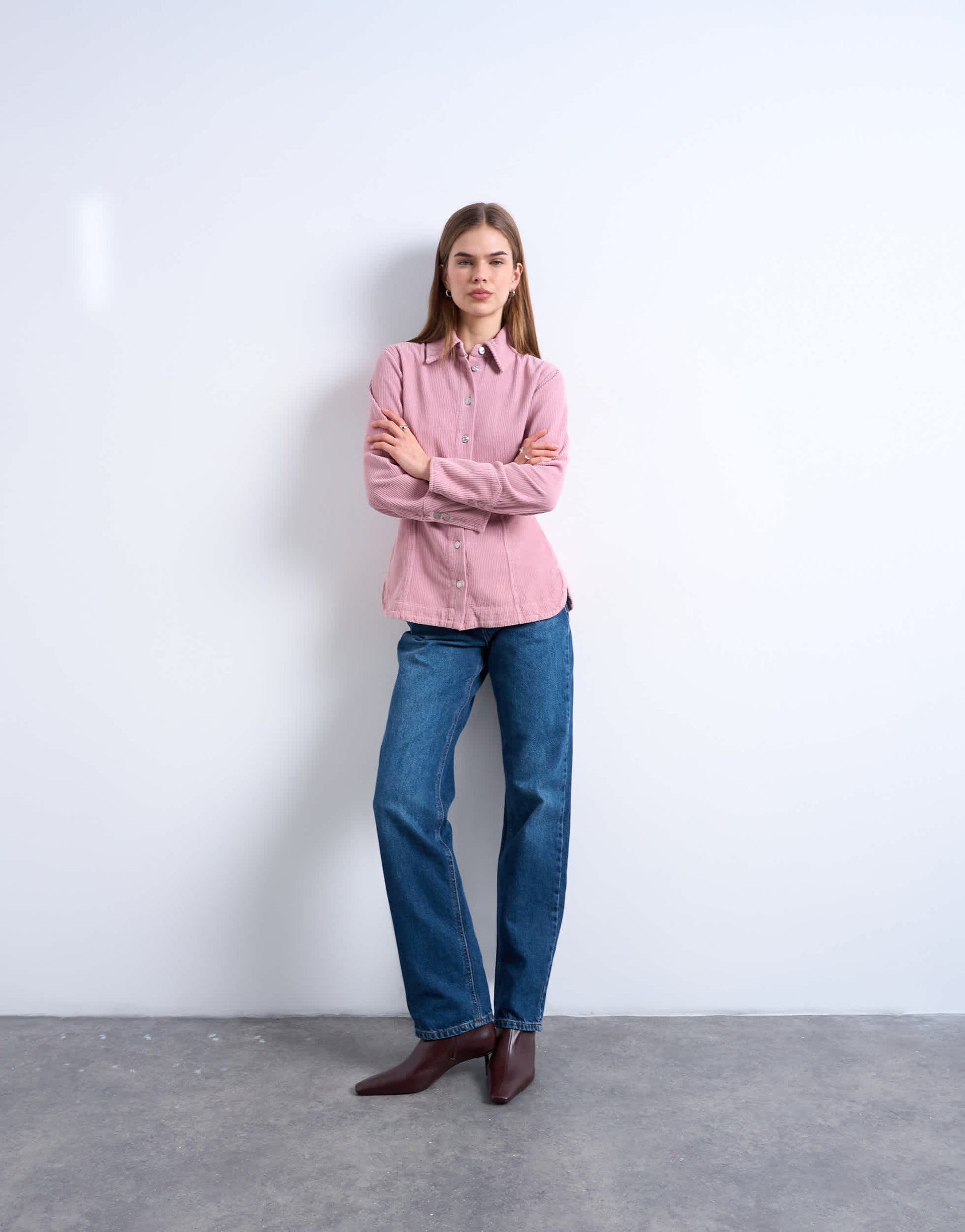 Topshop denim 70s collar shirt in pink cord