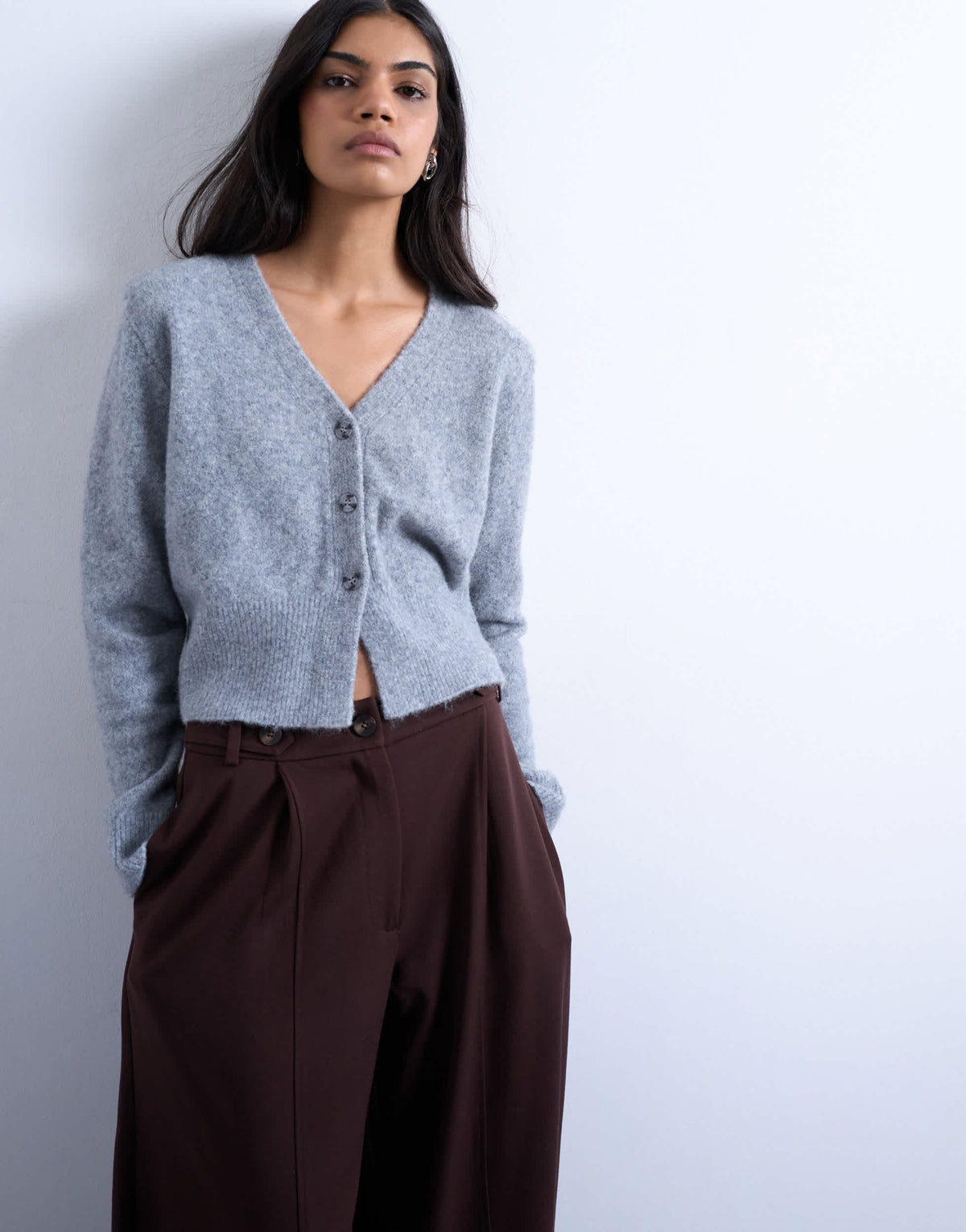 Topshop knitted cardigan with shoulder pads in grey