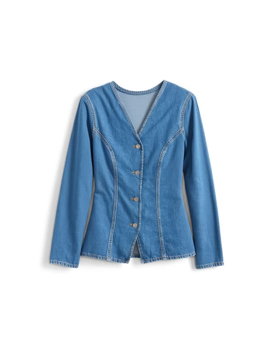 Topshop denim v neck cinched in shirt in mid blue