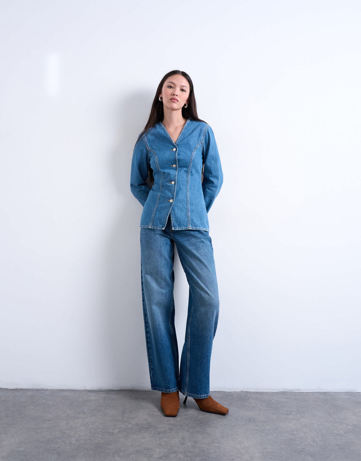 Topshop denim v neck cinched in shirt in mid blue