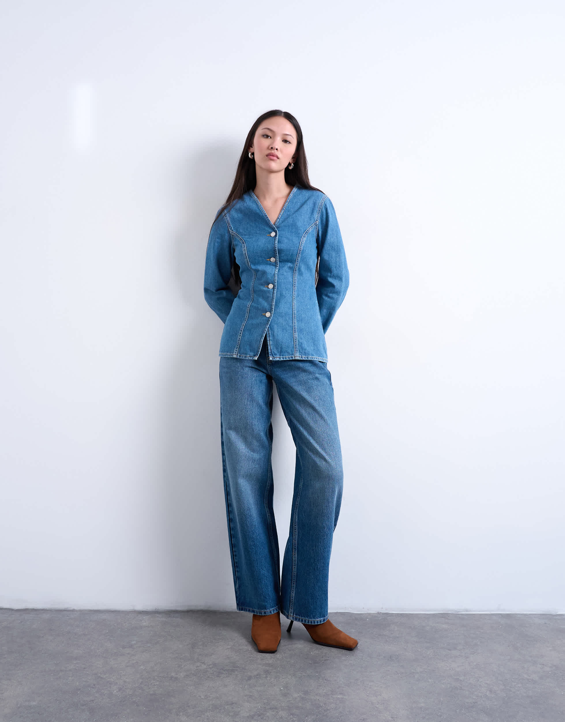 Topshop denim v neck cinched in shirt in mid blue